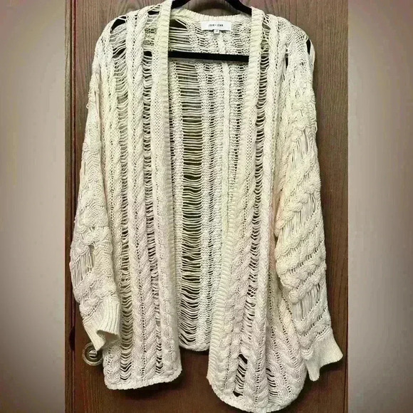 John + Jenn Beige 100% Cotton Long Sleeve Open Knit Cardigan Sweater - Size S - Picture 1 of 7